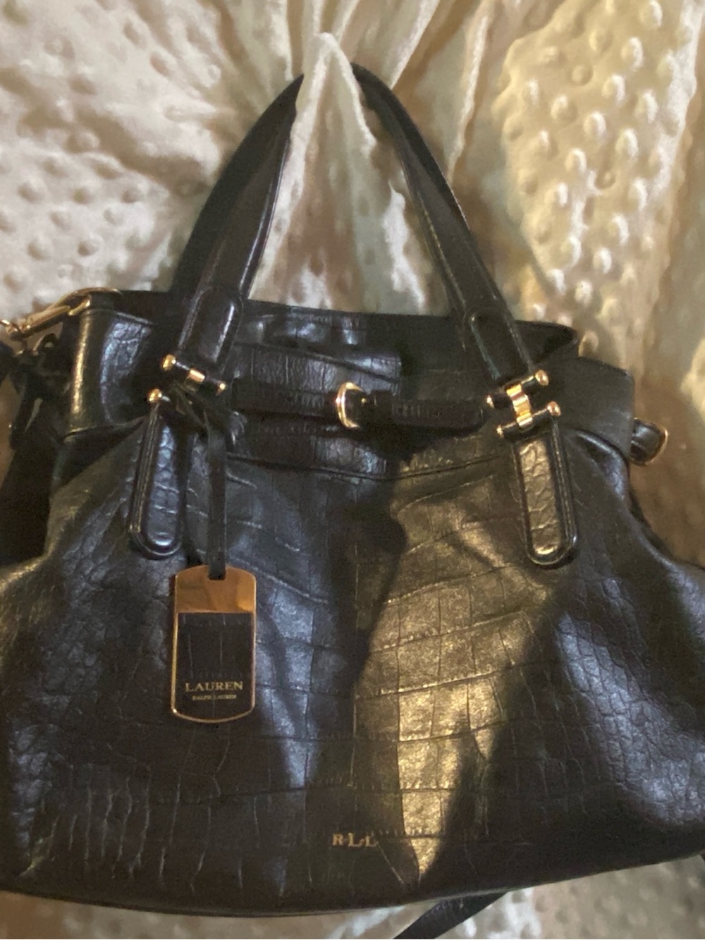 Lauren Ralph Lauren Black Croc-Embossed Satchel with Gold Hardware